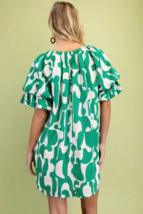 Geometric Print Loose Fit Mini Dress With Gathered Balloon Sleeves