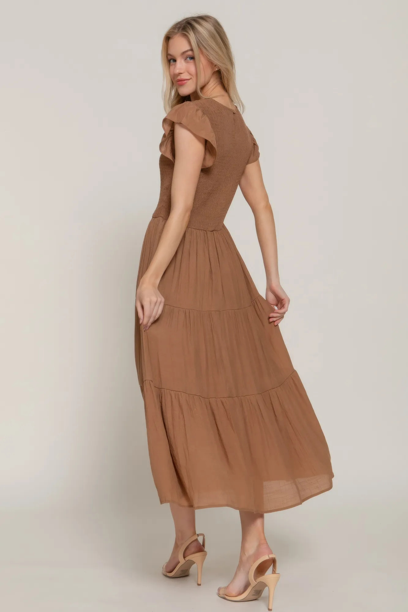 Ruffle Slv Smocked Solid Tired Dress