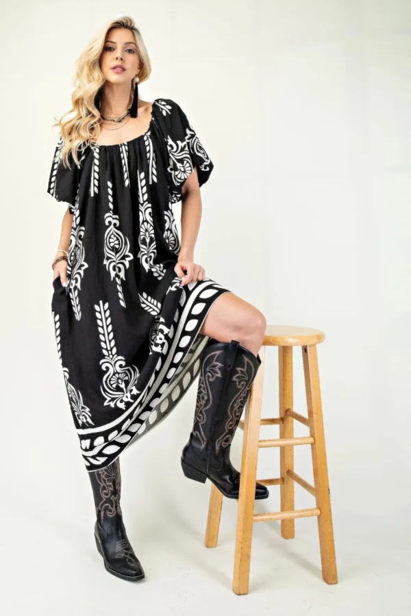 Printed Midi Dress With Short Puff Sleeves - Image 3