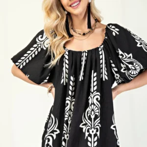 Printed Midi Dress With Short Puff Sleeves