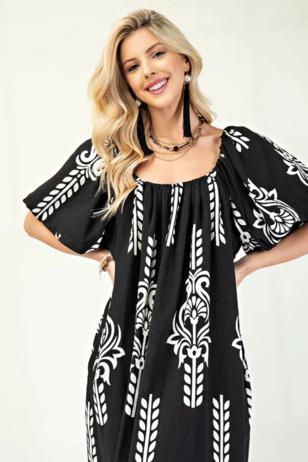 Printed Midi Dress With Short Puff Sleeves