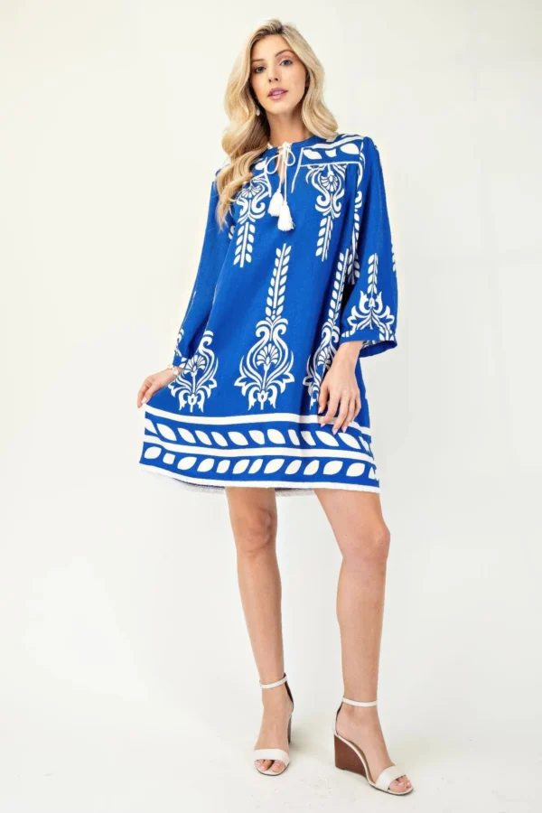 Printed 3/4 Sleeve Dress With Tassel Tie And Fringe Detail On Hem - Image 3