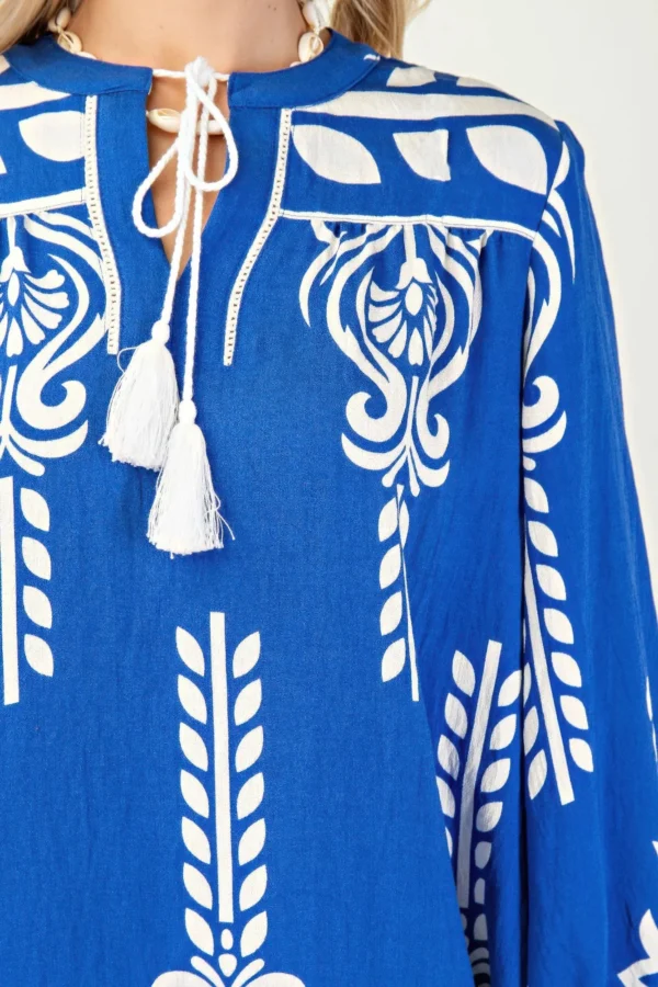 Printed 3/4 Sleeve Dress With Tassel Tie And Fringe Detail On Hem - Image 2