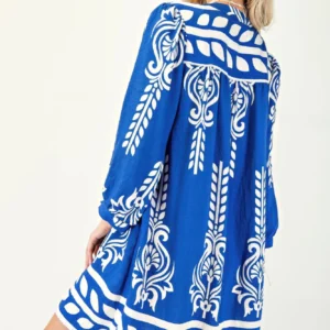 Printed 3/4 Sleeve Dress With Tassel Tie And Fringe Detail On Hem