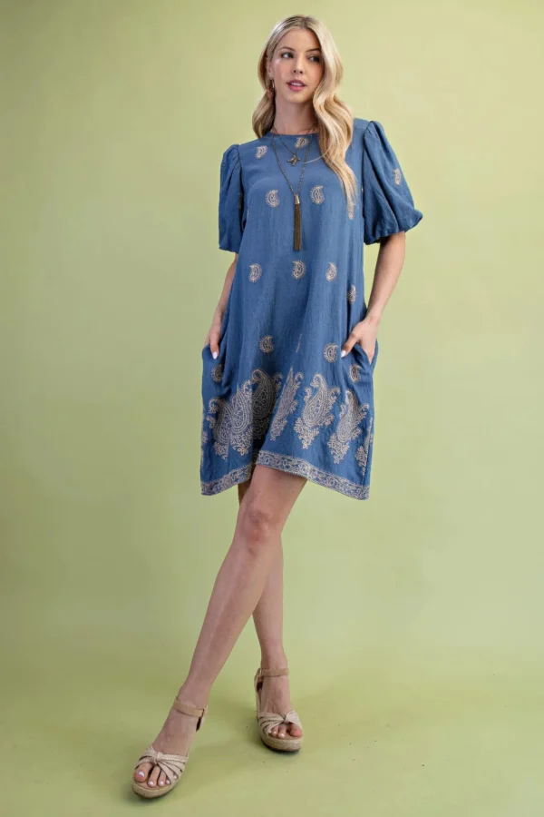 Paisley Embroidered Round Neck Mini Dress With Short Puff Sleeves - Image 5