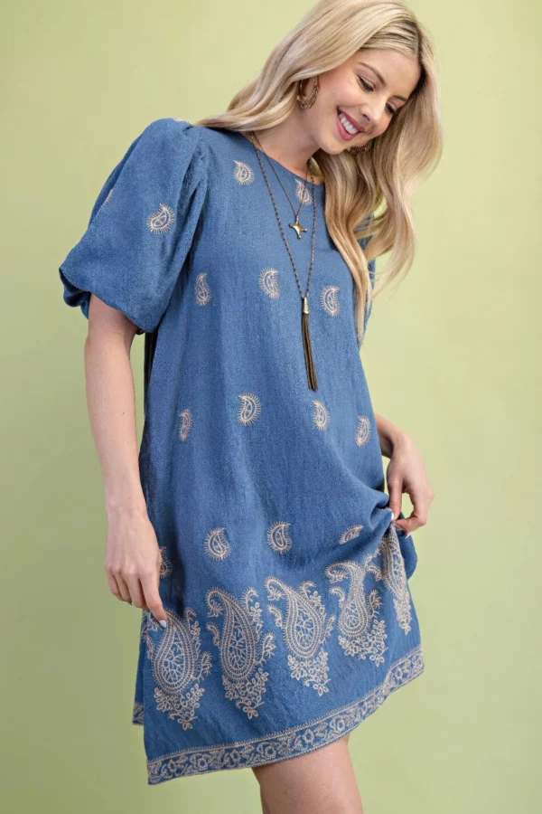 Paisley Embroidered Round Neck Mini Dress With Short Puff Sleeves - Image 4