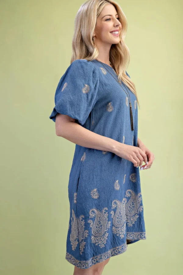 Paisley Embroidered Round Neck Mini Dress With Short Puff Sleeves - Image 3