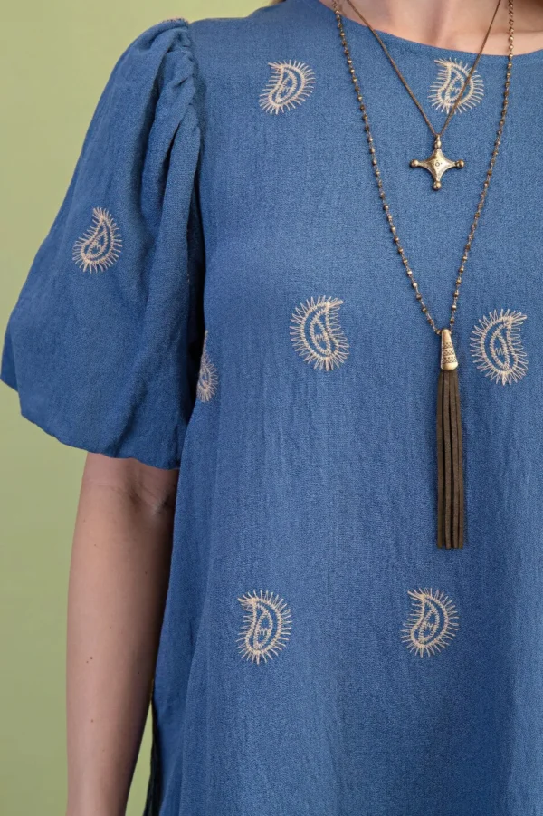 Paisley Embroidered Round Neck Mini Dress With Short Puff Sleeves - Image 2