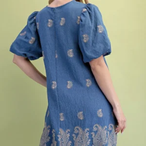 Paisley Embroidered Round Neck Mini Dress With Short Puff Sleeves