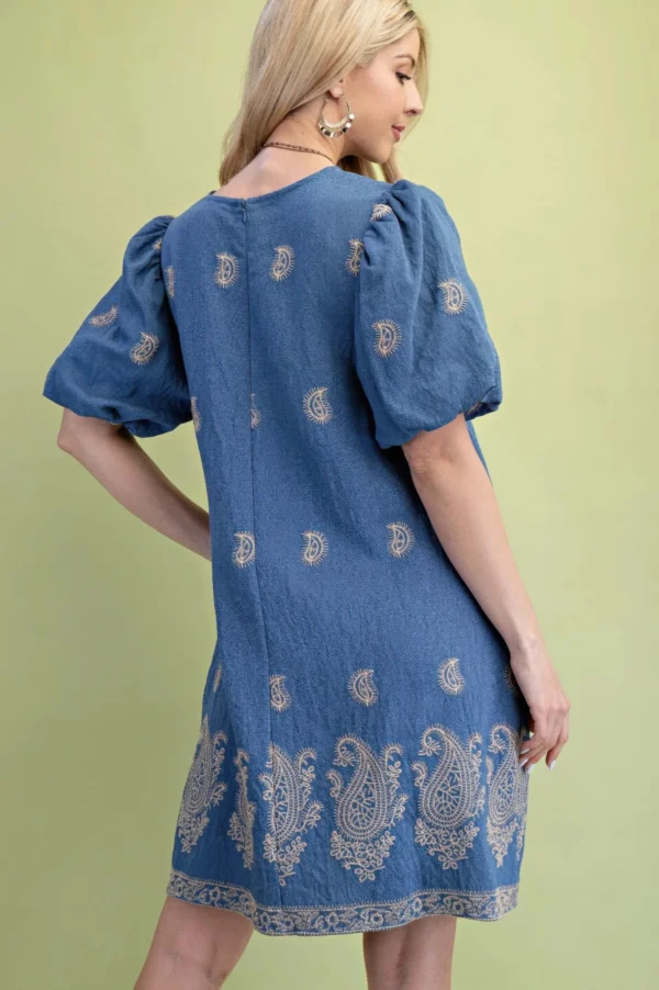 Paisley Embroidered Round Neck Mini Dress With Short Puff Sleeves