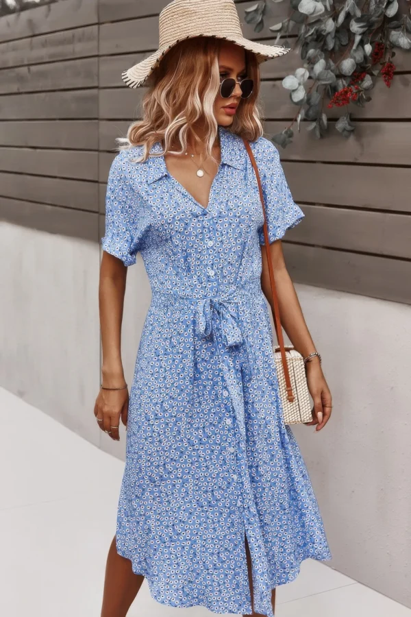 Floral V Neck Short Sleeve Dress - Image 2