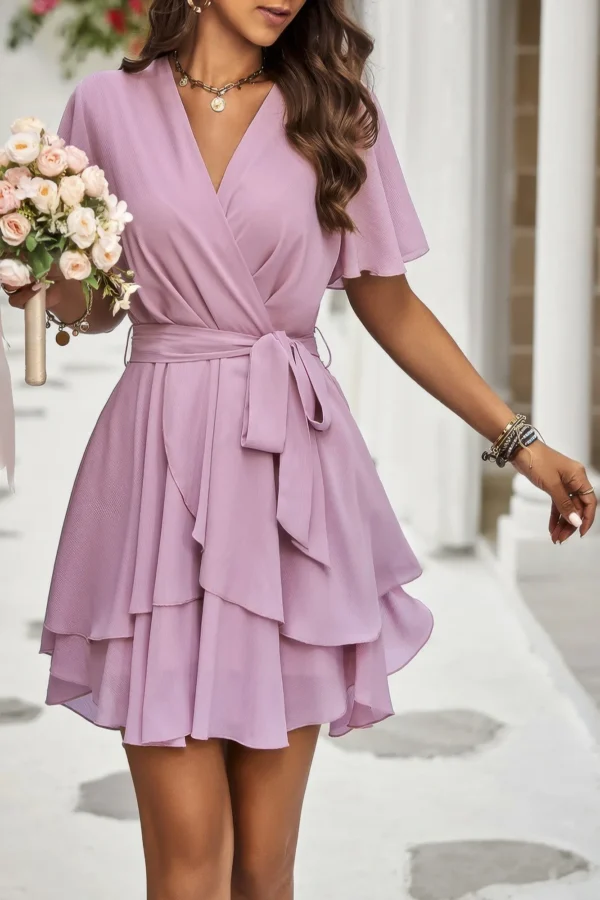 Chiffon Layer Hem Waist Tie Layer Hem Ruffle Dress - Image 3