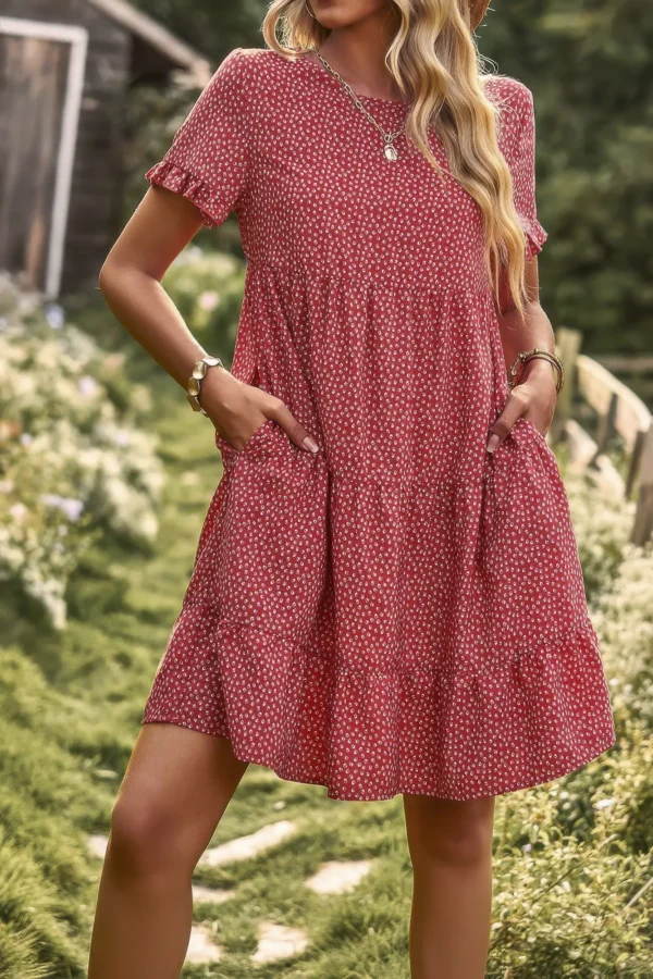 Floral Polka Dots Boat Neck Loose A Line Midi Dres - Image 2