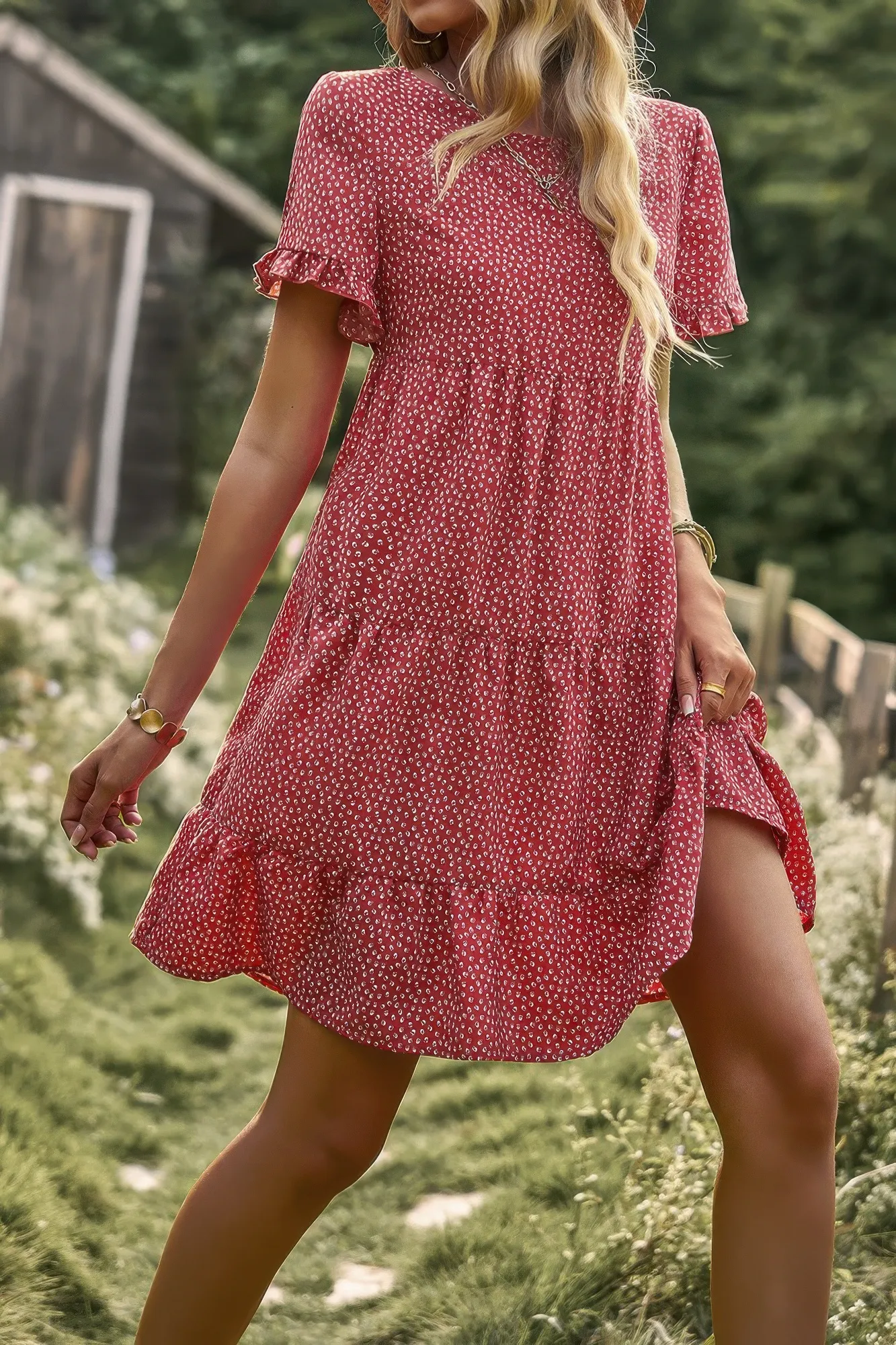 Floral Polka Dots Boat Neck Loose A Line Midi Dres
