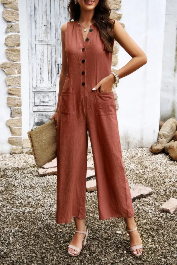 V Neck Button Sleeveless Wide Pockets Jumpsuit - Image 11