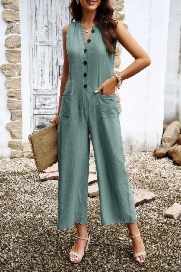 V Neck Button Sleeveless Wide Pockets Jumpsuit - Image 7