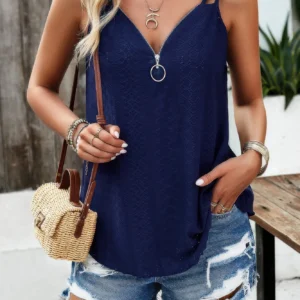 V Neck Eyelet Trim Spaghetti Strap Sleeveless Top