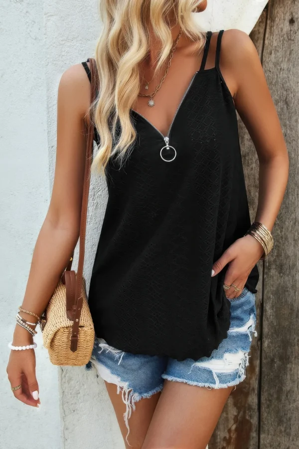 V Neck Eyelet Trim Spaghetti Strap Sleeveless Top - Image 6