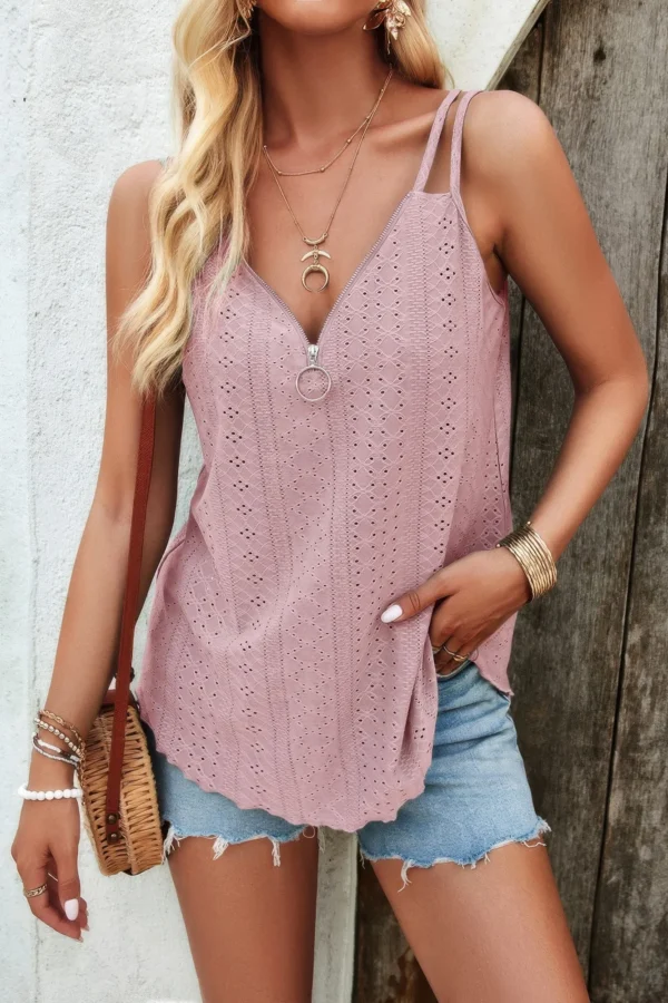 V Neck Eyelet Trim Spaghetti Strap Sleeveless Top - Image 2