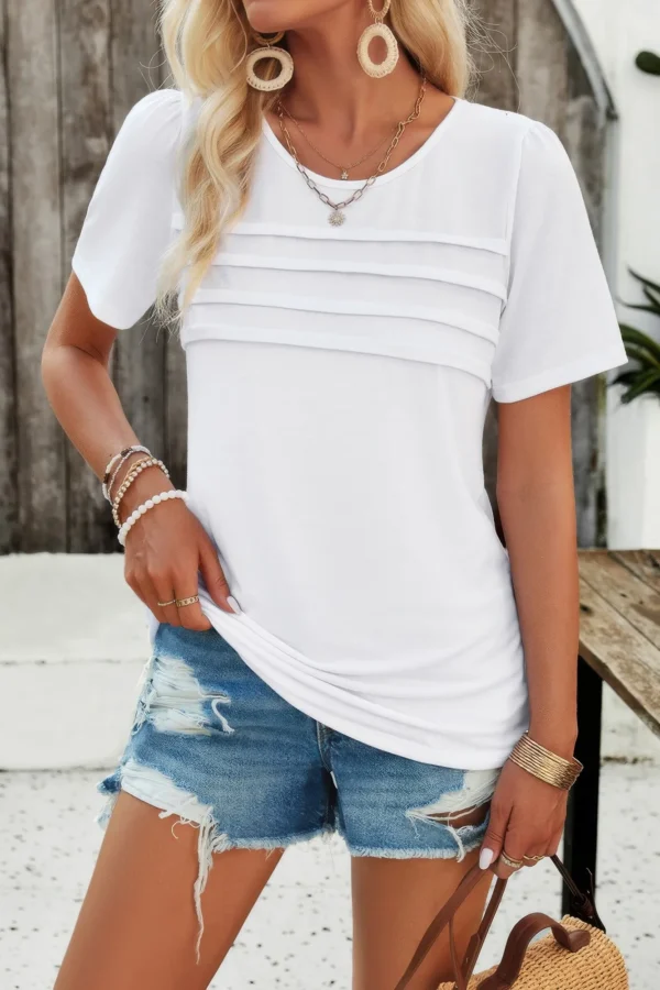 Crew Neck Short Sleeve Pleated Elegant Tee T Shirt - Image 8