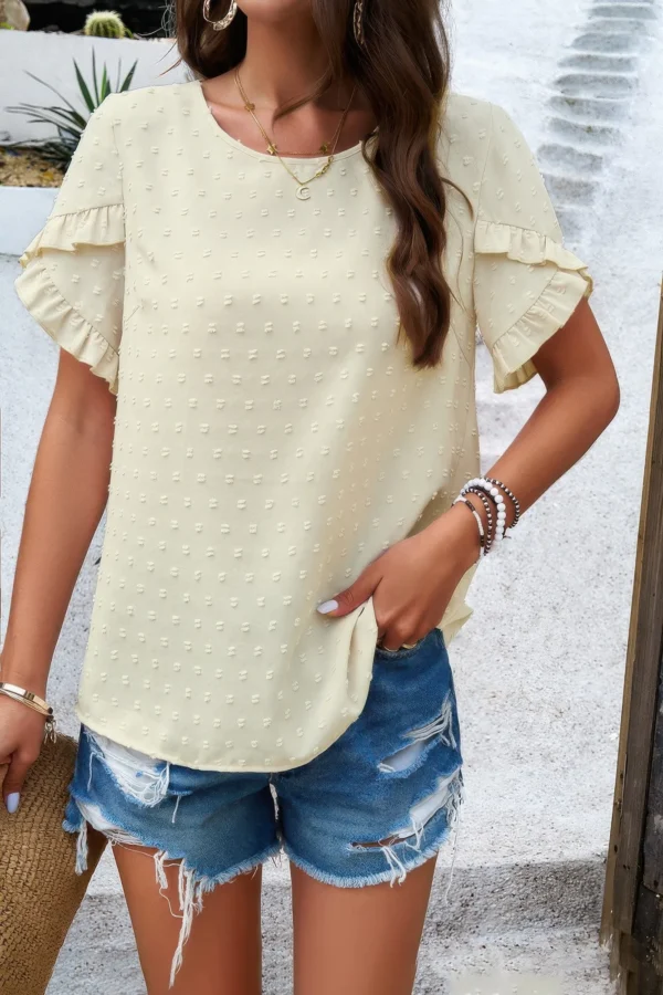 Crewneck Chiffon Polka Dot Ruffle Short Sleeved - Image 23