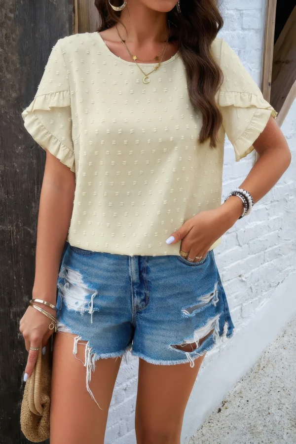 Crewneck Chiffon Polka Dot Ruffle Short Sleeved - Image 22