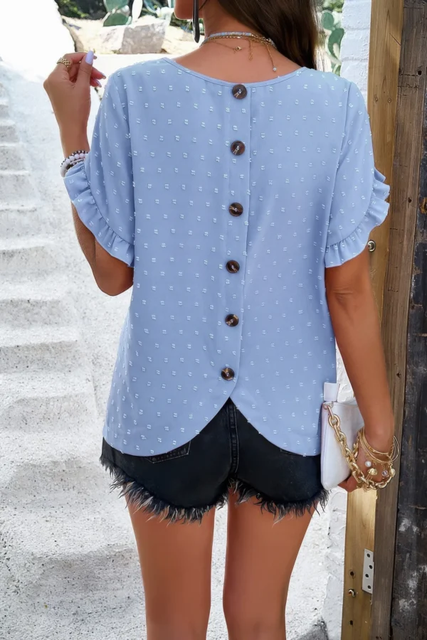 Crewneck Chiffon Polka Dot Ruffle Short Sleeved - Image 10