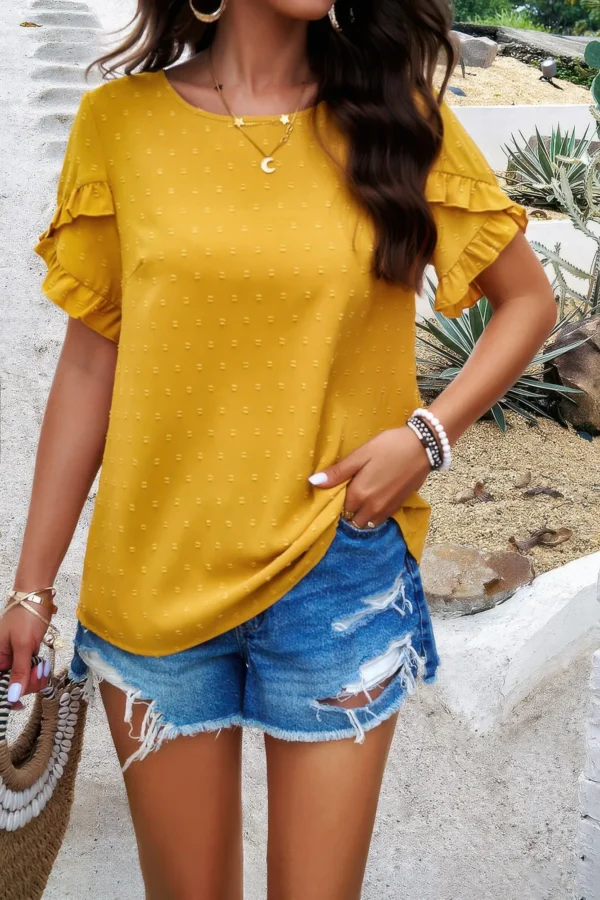 Crewneck Chiffon Polka Dot Ruffle Short Sleeved - Image 8