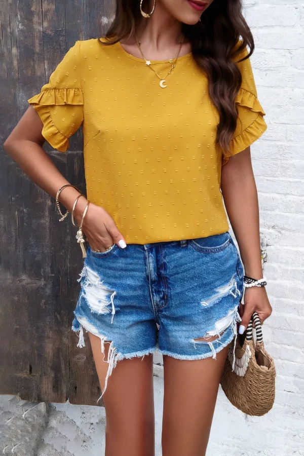 Crewneck Chiffon Polka Dot Ruffle Short Sleeved - Image 6