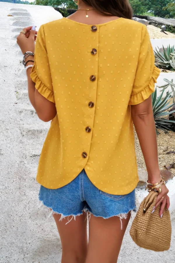 Crewneck Chiffon Polka Dot Ruffle Short Sleeved - Image 5