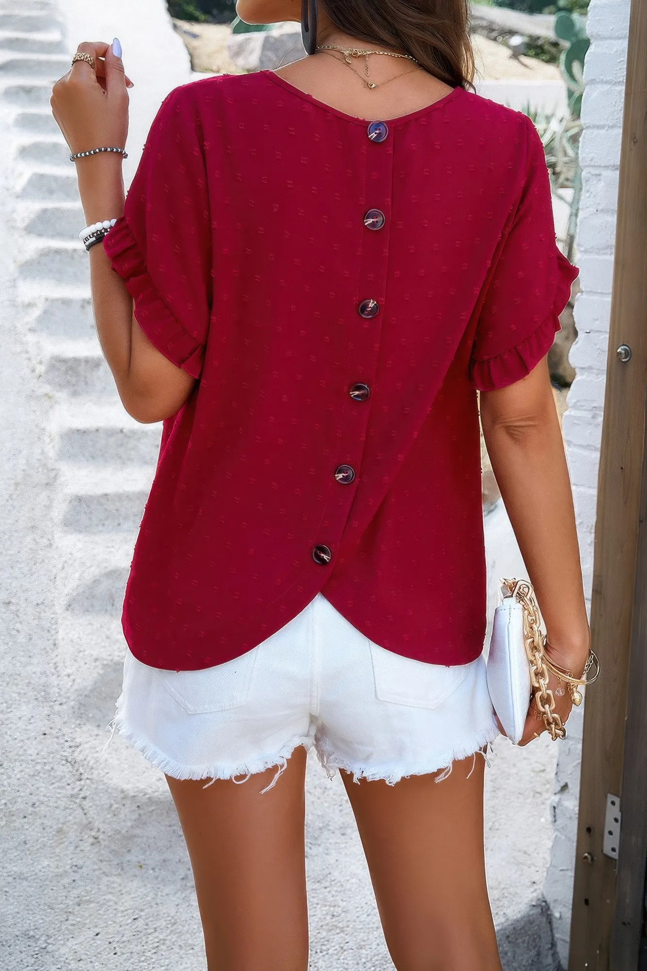 Crewneck Chiffon Polka Dot Ruffle Short Sleeved
