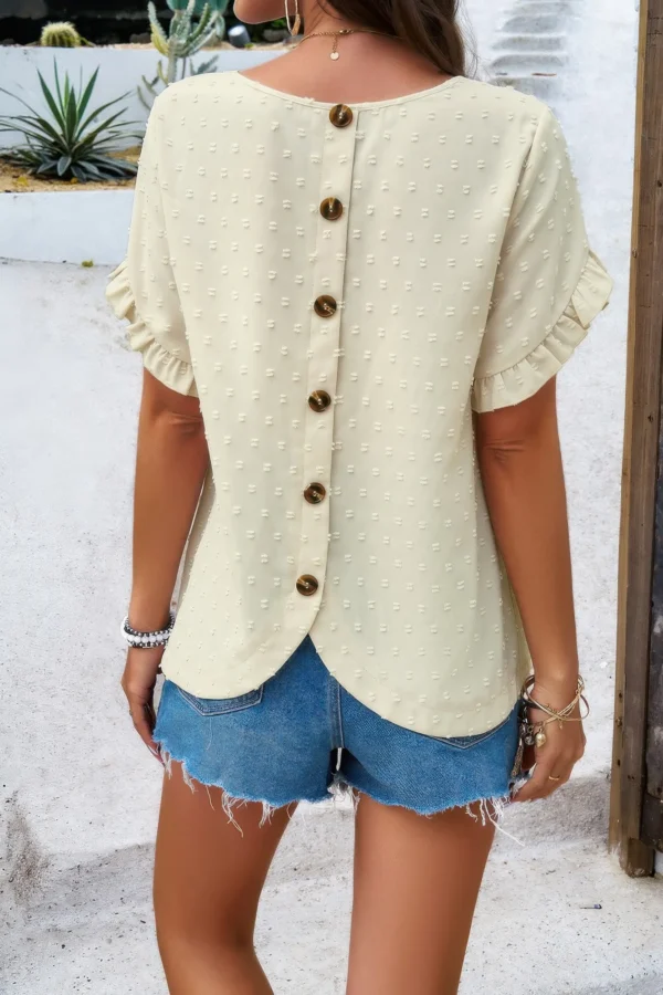 Crewneck Chiffon Polka Dot Ruffle Short Sleeved - Image 19