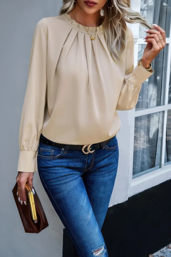 Ruffle Long Sleeve Elegant Ruffles Crewneck Blouse - Image 9