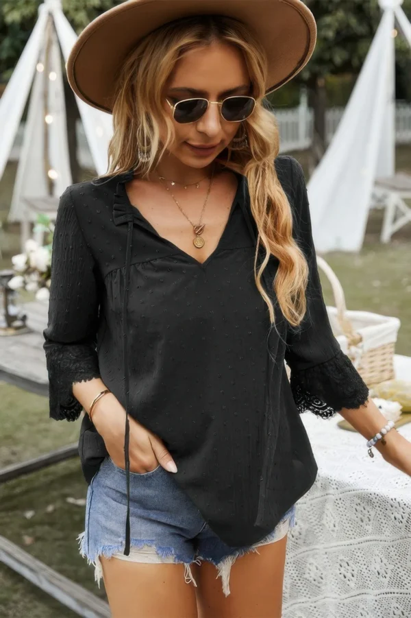 Swiss Dot Lace Splicing Sleeve V Neck Blouse - Image 10