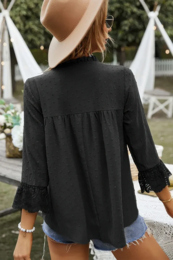 Swiss Dot Lace Splicing Sleeve V Neck Blouse - Image 7