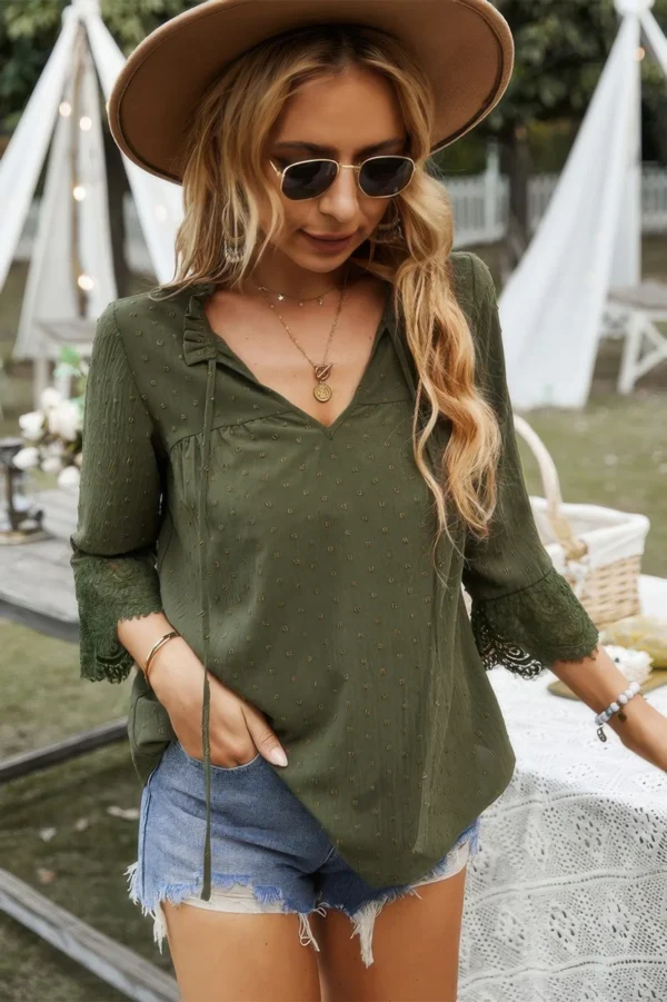 Swiss Dot Lace Splicing Sleeve V Neck Blouse - Image 6
