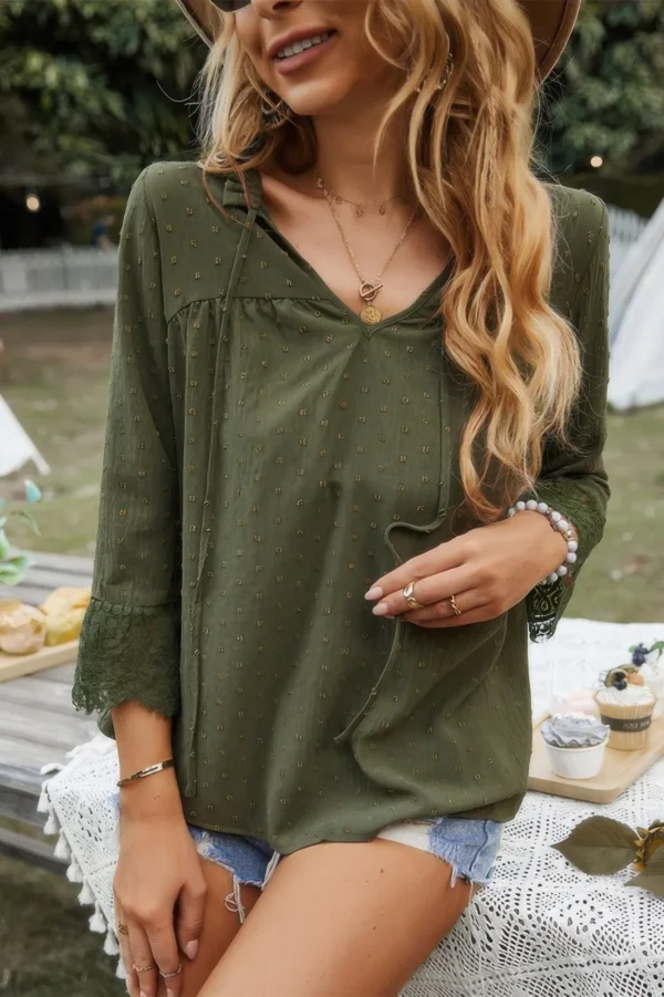 Swiss Dot Lace Splicing Sleeve V Neck Blouse - Image 5