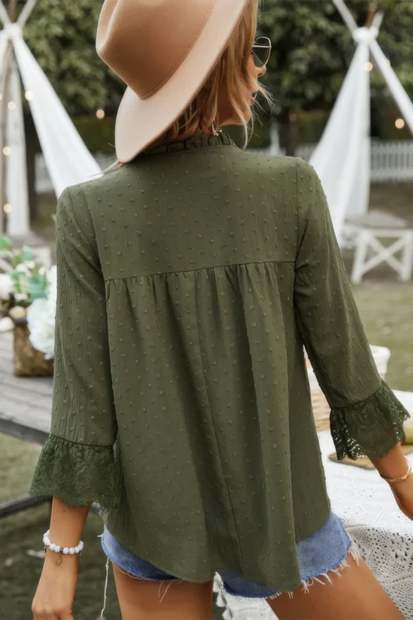 Swiss Dot Lace Splicing Sleeve V Neck Blouse - Image 3