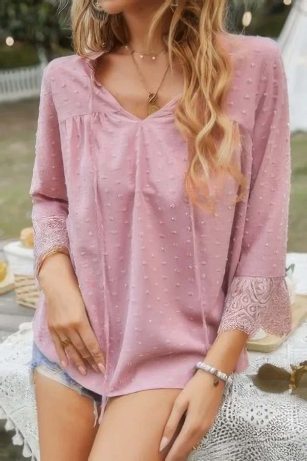 Swiss Dot Lace Splicing Sleeve V Neck Blouse - Image 2