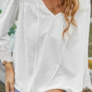 Swiss Dot Lace Splicing Sleeve V Neck Blouse