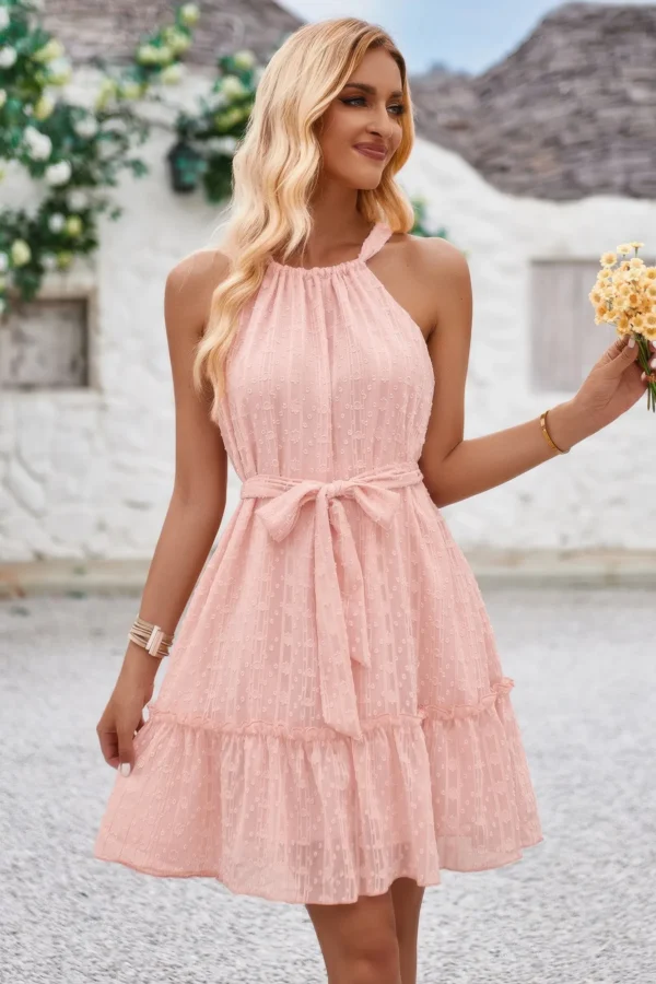 Solid Halter Neck Sleeveless Waist Tie Ruffle Dres - Image 13