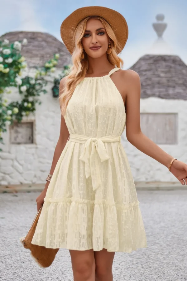 Solid Halter Neck Sleeveless Waist Tie Ruffle Dres - Image 2