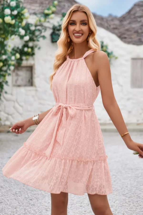 Solid Halter Neck Sleeveless Waist Tie Ruffle Dres - Image 9