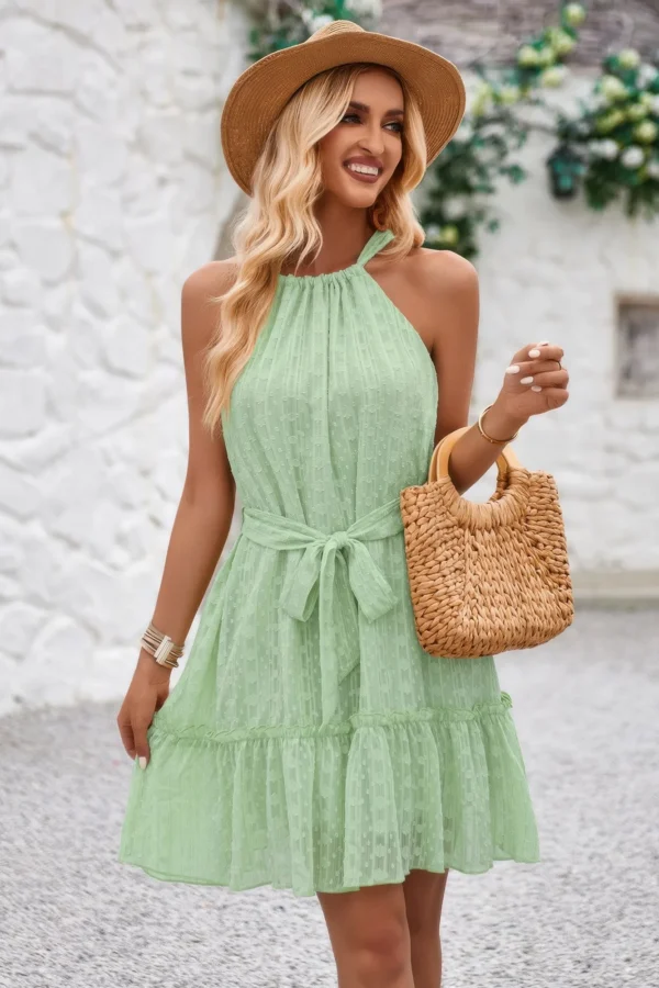 Solid Halter Neck Sleeveless Waist Tie Ruffle Dres - Image 7