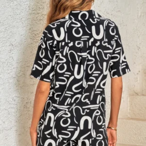 Outfit Sequins Lips Print Button Down Shorts Set