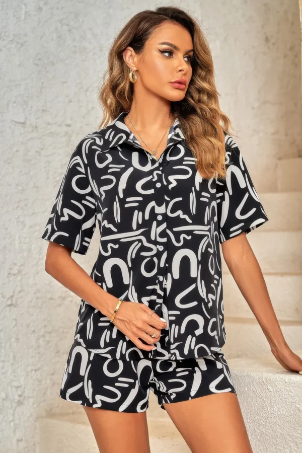 Outfit Sequins Lips Print Button Down Shorts Set - Image 4