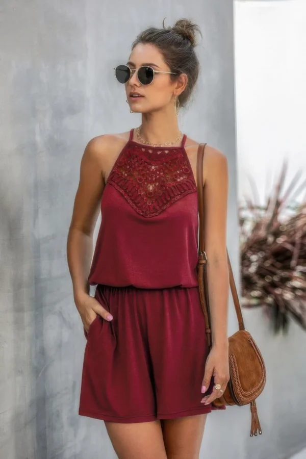 Solid Halter Lace Sleeveless Patchwork Romper - Image 3