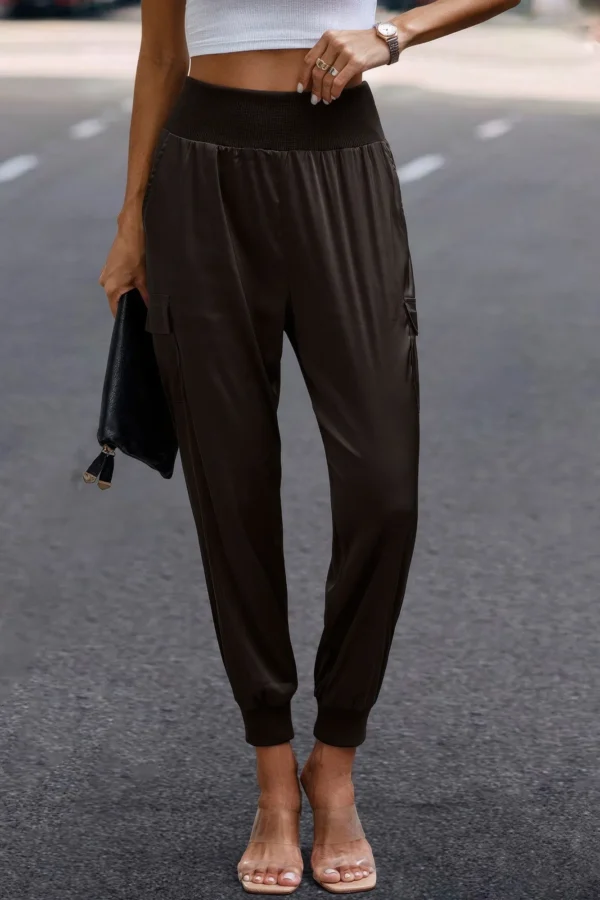 High Waist Trousers Pocket Satin Jogger Pants - Image 20