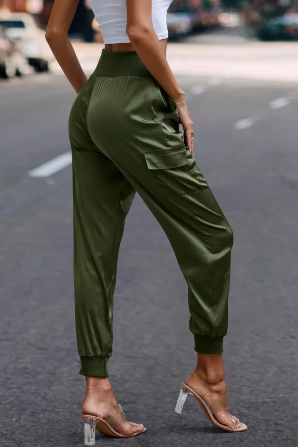 High Waist Trousers Pocket Satin Jogger Pants - Image 13