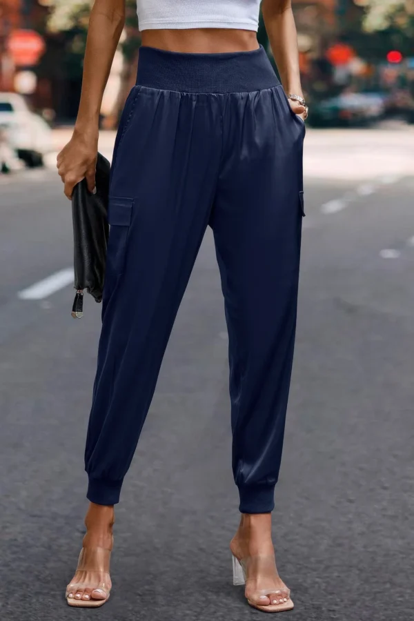 High Waist Trousers Pocket Satin Jogger Pants - Image 12
